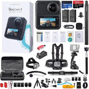 KanDao QooCam 3 360° Action Camera Travel Combo | Dual-Lens 5.7K Video Capture with Image Stabilization, Waterproof Design | 64GB Card + 50-in-1 Accessory Kit