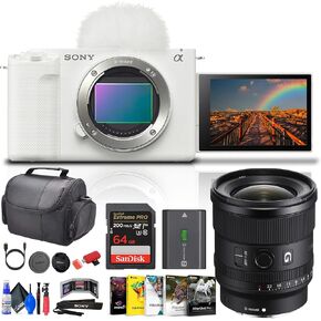 Sony Alpha ZV-E1 Full-Frame Vlog Mirrorless Lens Camera (White) (ILCZVE1/W) Alpha FE 20mm G Lens + 64GB Card + Corel Photo Software + Card Reader + Case + Flex Tripod + Cleaning Kit (Renewed)