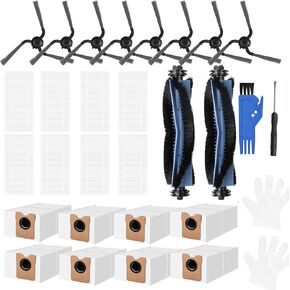 Replacement Parts Compatible with eufy Robot Vacuum C10, 8 Filter Sets + 8 Side Bruhses + 2 Rolling Brushes + 8 Dust Bags accessories for C10 with Self Emptying