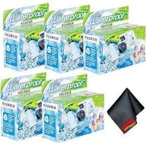 FUJIFILM QuickSnap 800 Waterproof 35mm One-Time-Use Disposable Camera (5X 27 Exposures) + Microfiber Cleaning Cloth