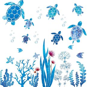 2 PCS Sea Turtle Wall Decor, Bathroom Ocean Wall Stickers, Ocean Turtle Vinyl Stickers Waterproof Wall Sticker Decoration for Home Office Nursery Room Toilet (Blue Green)