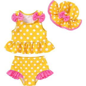 Happy Town Toddler Swimsuit Baby Girl Bathing Suit Sleeveless Bow Floral Bikini Top Ruffle Shorts with Hat Beach Swim Wear