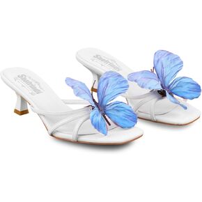 Strappy Heels for Women Square Open Toe Kitten Heeled Mules Slip On Sandals with Cute Butterfly Decoration Comfort Dress Party Womens Beach Summer Slides Shoes