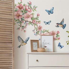 Peach Blossom Branch Birds Butterfly Wall Stickers, sacinora Floral Art Wall Decals Removable Vinyl Peel and Stick for Living Room Bedroom Nursery Home Decorations