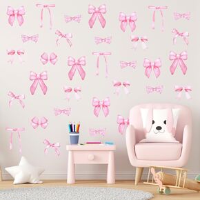 Pink Bow Wall Stickers 8 Sheets Light Pink Bow Knot Wall Decals Coquette Aesthetic Room Decor Peel and Stick Pink Bow Room Decor for Nursery Bedroom Living Room, 11.81 X 7.87 Inches