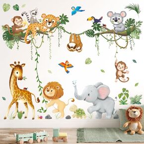 DECOWALL SG2-2501 Jungle Animal Branch Wall Decals Stickers Nursery Décor Baby Safari Wallpaper Tree Kids Living Room Boys Bedroom Removable Peel and Stick Home