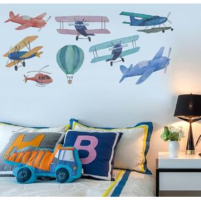 Vintage Airplane Wall Decal,Hot Air Balloon Aircraft Watercolour Plane Aeroplane Wall Decals for Kid's Room,Peel and Stick Mural Wallpaper for Baby Nursery Classroom School