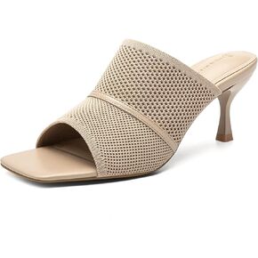 Mousse Fit Women's Mesh Heeled Sandals, Square Open Toe Heeled Mules for Women, Commute Slip On Stiletto Heeled Slides