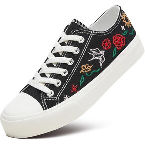 Women Canvas Sneakers with Embroidered Flower,Lace up White Tennis Shoes,Casual Low Top Fashion Sneakers