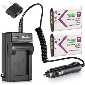 Kastar Battery + Charger Replacement for NP-BY1 EN-EL11 LI-60B DLI-78 DB-L70 DB-80 LI-60C, Action Cam Mini HDR-AZ1, Coolpix S550 S560, FE-370, Optio L50 M50 M60 S1 V20 W60 W80, R50