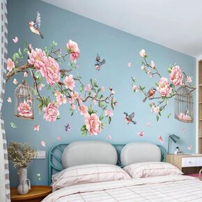 Removable Large Flowers with Tree Branches Wall Stickers – DIY Peony Floral Birds Wall Decals, Peel and Stick Leaves & Birdcage Wall Decor for Kids Girls Bedroom, Nursery, Living Room, Classroom