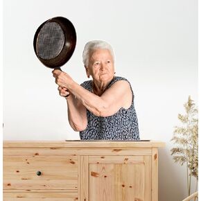 Funny Wall Decal Old Lady With Pan - Peel and Stick Removable Art Sticker Granny Poster Mural for Bedroom Kitchen Dining Room Dorm - Weird Stuff Funny Gifts for Friends (26" x 22")