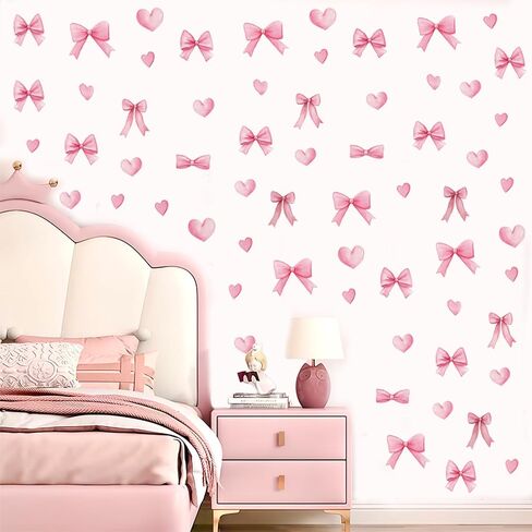 Homie Finds 64Pcs Cute Pink Bow Wall Stickers - Bow Heart Wall Decals, Coquette Wallpaper for Girls Room Nursery in Kuwait