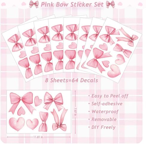 Homie Finds 64Pcs Cute Pink Bow Wall Stickers - Bow Heart Wall Decals, Coquette Wallpaper for Girls Room Nursery in Kuwait