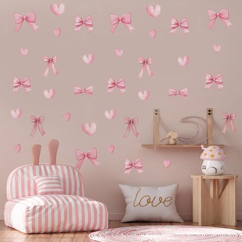 Homie Finds 64Pcs Cute Pink Bow Wall Stickers - Bow Heart Wall Decals, Coquette Wallpaper for Girls Room Nursery in Kuwait