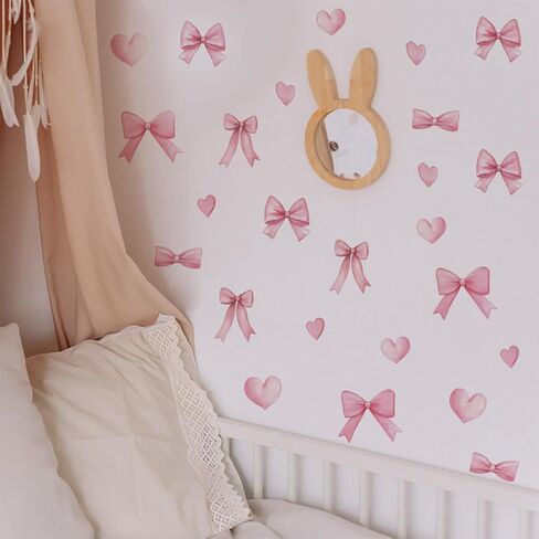 Homie Finds 64Pcs Cute Pink Bow Wall Stickers - Bow Heart Wall Decals, Coquette Wallpaper for Girls Room Nursery in Kuwait