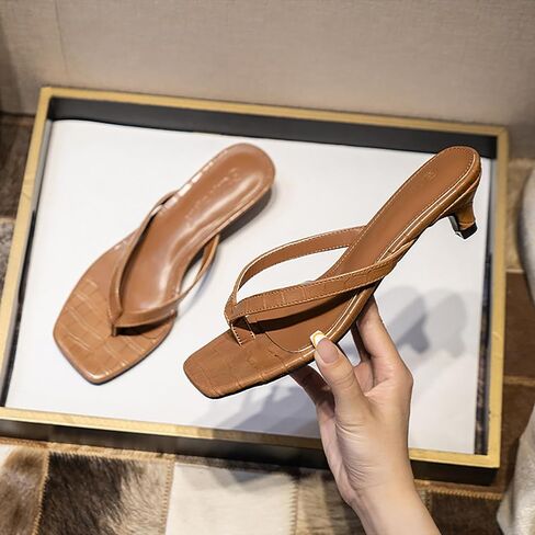 Women'S Leather Kitten Heel Flip Flops With Memory Foam Slip On Square Open Toe Cute Low Heels Dress Thong Sandals Summer Outdoor Comfortable Strappy Beach Slide Sandals in Saudi Arabia