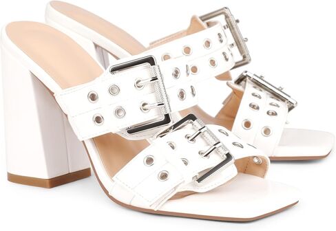 نساء اثنين من الصنادل كعب حزام 4.1 بوصة الكعب مكتنزة الشرير على حذاء Square Toe Slippers عاريات الصندل ل Daliy in Kuwait
