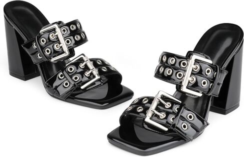 نساء اثنين من الصنادل كعب حزام 4.1 بوصة الكعب مكتنزة الشرير على حذاء Square Toe Slippers عاريات الصندل ل Daliy in Kuwait