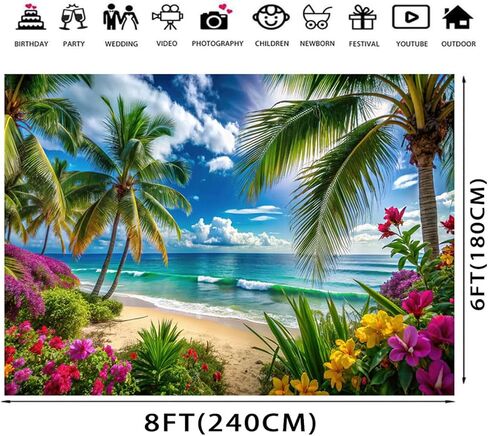 7x5ft Beach Ocean Backdrop – Tropical Palm Tree Summer Photography Background for Wedding, Birthday, Baby Shower, Beach Party, Indoor Outdoor Photo Booth Decor 083 in Kuwait