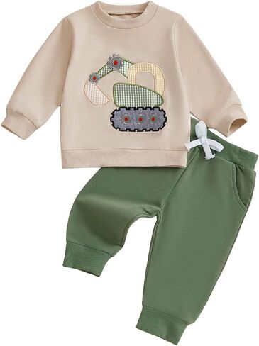 FOCUSNORM Toddler Baby Boy Fall Winter Outfit Excavator Embroidered Long Sleeve Sweatshirt Elastic Jogger Pant 2 Pcs Clothes in Saudi Arabia