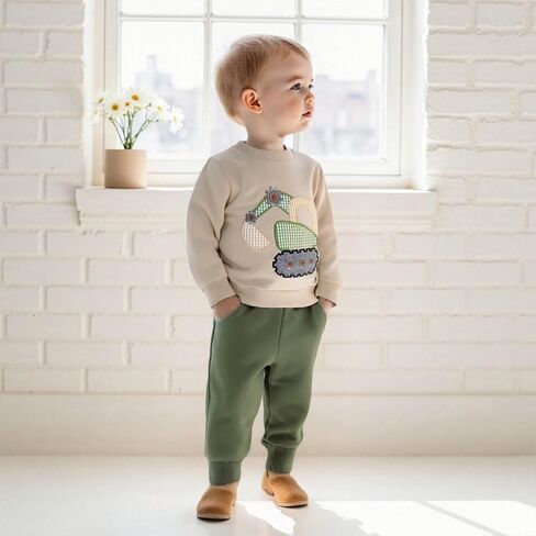 FOCUSNORM Toddler Baby Boy Fall Winter Outfit Excavator Embroidered Long Sleeve Sweatshirt Elastic Jogger Pant 2 Pcs Clothes in Saudi Arabia
