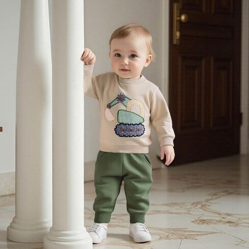 FOCUSNORM Toddler Baby Boy Fall Winter Outfit Excavator Embroidered Long Sleeve Sweatshirt Elastic Jogger Pant 2 Pcs Clothes in Saudi Arabia