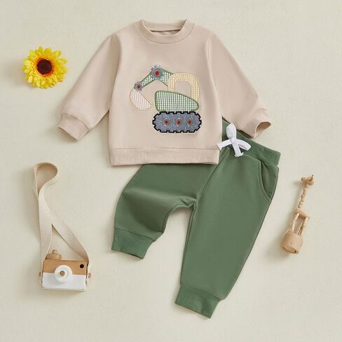 FOCUSNORM Toddler Baby Boy Fall Winter Outfit Excavator Embroidered Long Sleeve Sweatshirt Elastic Jogger Pant 2 Pcs Clothes in Saudi Arabia