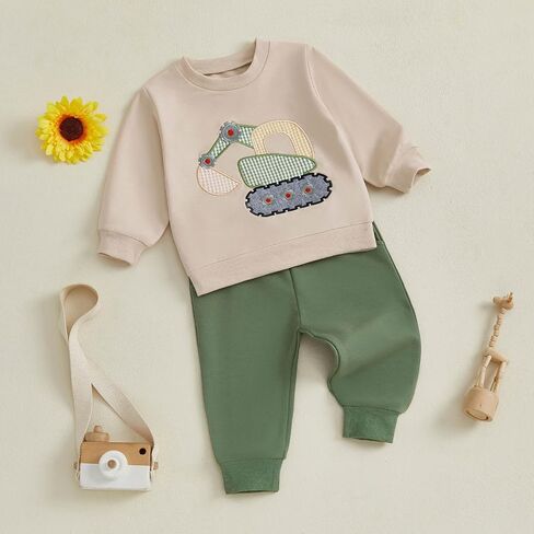 FOCUSNORM Toddler Baby Boy Fall Winter Outfit Excavator Embroidered Long Sleeve Sweatshirt Elastic Jogger Pant 2 Pcs Clothes in Saudi Arabia