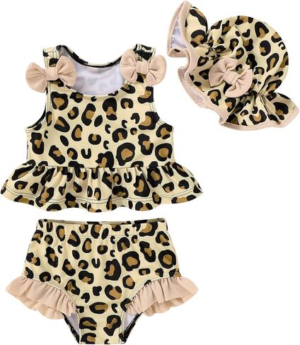 Happy Town Toddler Swimsuit Baby Girl Bathing Suit Sleeveless Bow Floral Bikini Top Ruffle Shorts with Hat Beach Swim Wear in Kuwait