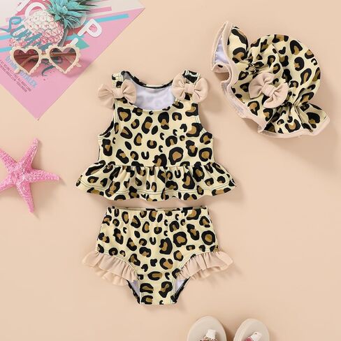 Happy Town Toddler Swimsuit Baby Girl Bathing Suit Sleeveless Bow Floral Bikini Top Ruffle Shorts with Hat Beach Swim Wear in Kuwait