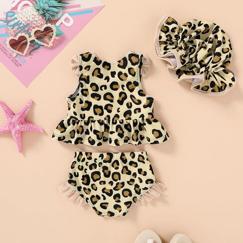 Happy Town Toddler Swimsuit Baby Girl Bathing Suit Sleeveless Bow Floral Bikini Top Ruffle Shorts with Hat Beach Swim Wear in Kuwait