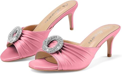 Oh Mispares Women’s Stiletto Heeled Slides Round Open Toe Slip-on Satin Mules Rhinestones 2 Inch Comfortable Dress Sandals for Prom Party Wedding in Saudi Arabia