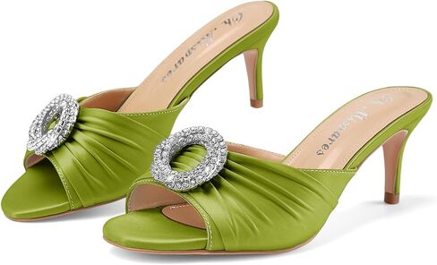 Oh Mispares Women’s Stiletto Heeled Slides Round Open Toe Slip-on Satin Mules Rhinestones 2 Inch Comfortable Dress Sandals for Prom Party Wedding in Kuwait