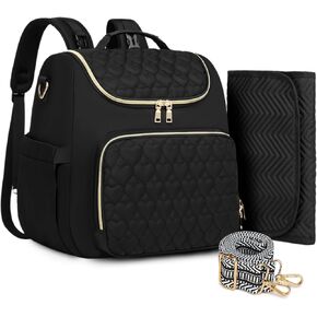 Diaper Bag Backpack, Stylish Baby Travel Backpacks, with Insulated Pockets, Changing Pad, Stroller Straps，Heart Shaped Quilted Design Black