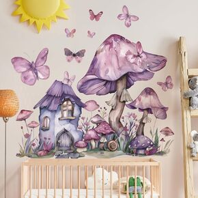 2 Sheets Removable Cute Mushroom Fairy Wall Decals DIY Green Plants and Flower Wall Decals Peel and Stick Pink Butterfly Decal for Girls Home Nursery Bedroom Bathroom Decor