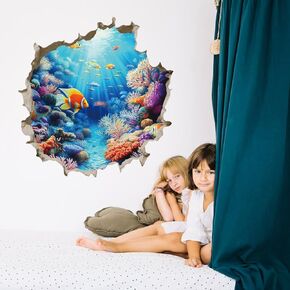 PLIGREAT 2 Sheets 3D Underwater World Wall Decals, Ocean Sea Life Wall Stickers Ocean Fish Floor Wall Decals Vinyl Peel and Stick Wall Decal for Kids Room Nursery Bathroom Living Room Playroom