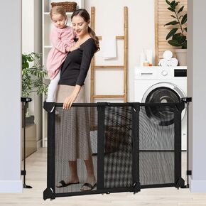 No Bottom Bar Baby Gate for Stairs, 34-55" Walk Through Dog Gate with Large Dual Openings Door, Safety Gate for Toddlers, Mesh Pet Gates Indoor/Outdoor, Swing Baby Gate for Doorways, Black