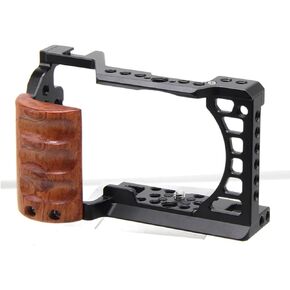 Camera Cage Rig Video Film Movie Making Stabilizer Compatible with Sony A6500 A6000 A6300 A6400 DSLR Camera Aluminum Alloy Protective Case (with Wooden Handle)