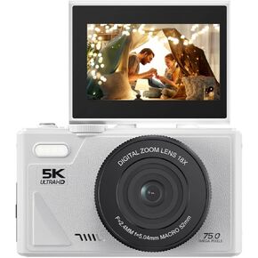 Digital Camera for Photography, 5K 75MP Vlogging Camera with 18X Digital Zoom, 3in 180° Flip Screen, Autofocus Anti Shake Compact Point and Shoot Camara for Travel Beginner (Black) (White)