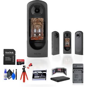 Ricoh Theta X 360 Degree Camera (910844) Bundle Including: P-Bank Battery, Rechargeable Battery, Battery Charger, 64 GB Memory Card, Card Reader, Card Wallet, Full Cleaning Kit, Flexible Hand Grip
