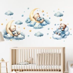 Cute Blue Cartoon Bear Cloud Wall Stickers Animal Star Peel and Stick Wall Decals for Kids' Rooms Nursery Classroom