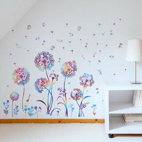 Colorful Blowing Dandelion Wall Decals,Colorful Dandelion Flower Wall Sticker, Art Mural Decor，for Bedroom, Office, Bathroom, Living Room,Removable Floral Peel and Stick Art Decoration