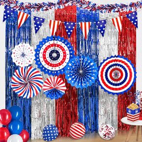 4th of July Patriotic Decorations, Red White Blue Decorations, 3 Pack Tinsel Foil Fringe Curtains, Banner for Patriotic Party Indoor Outdoor