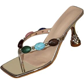 MakeMeChic Women's Jeweled Heeled Sandals Square Toe Flip Flop Slip On Heels