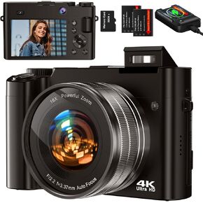 Digital Camera,64MP Vlogging Camera with 32G Memory Card Front and Rear Dual Cameras,4K Cameras with 16X Digital Zoom for Beginners(Charcoal)