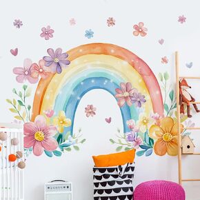 Large Rainbow Flower Wall Decals Colorful Boho Flowers Wall Stickers Removable Heart Rainbow Wall Art Garden Plant Green Leaves Grass Murals Peel and Stick for Girls Bedroom Decor 2109