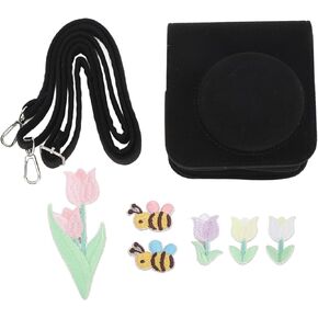 Mini 12 Camera Black Felt Bag with Tulip Bee Paste - Protective Cover & DIY Decor - Adjustable Shoulder Strap - Lightweight & Scratch