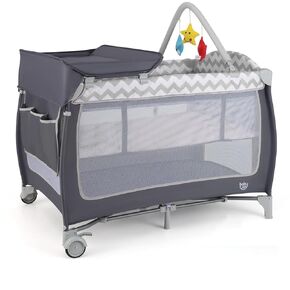 BABY JOY 4 in 1 Pack and Play, Portable Baby Playard with Bassinet, Side Zipper Door, Changing Table, Indoor Outdoor Travel Nursery Center w/Toy Bar, Lockable Wheels, Carry Bag