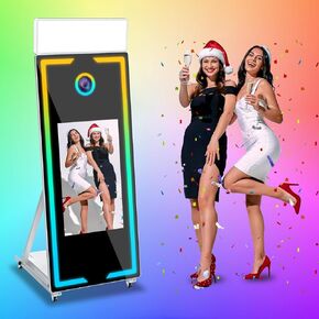 65in Magic Mirror Photo Booth with Flight Case 32" Touch Screen App Remote Control RBG Light, Selfie Printing Mirror Photo Booth for Party Wedding Rental (Black Machine)